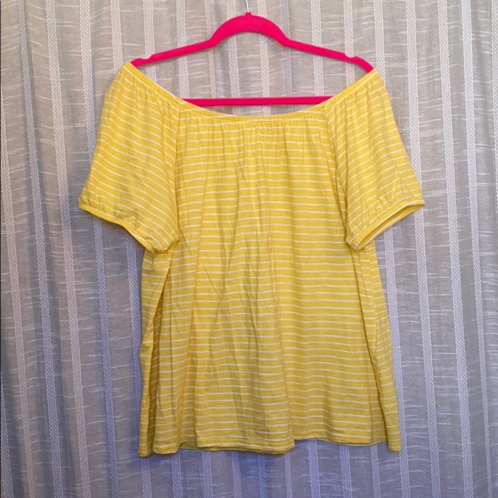 Yellow and white striped off the shoulder tee